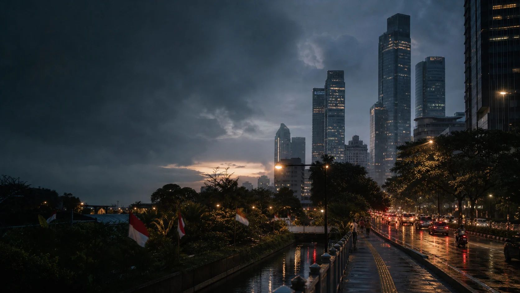 Pemandangan kota Jakarta setelah hujan dengan bendera Merah Putih